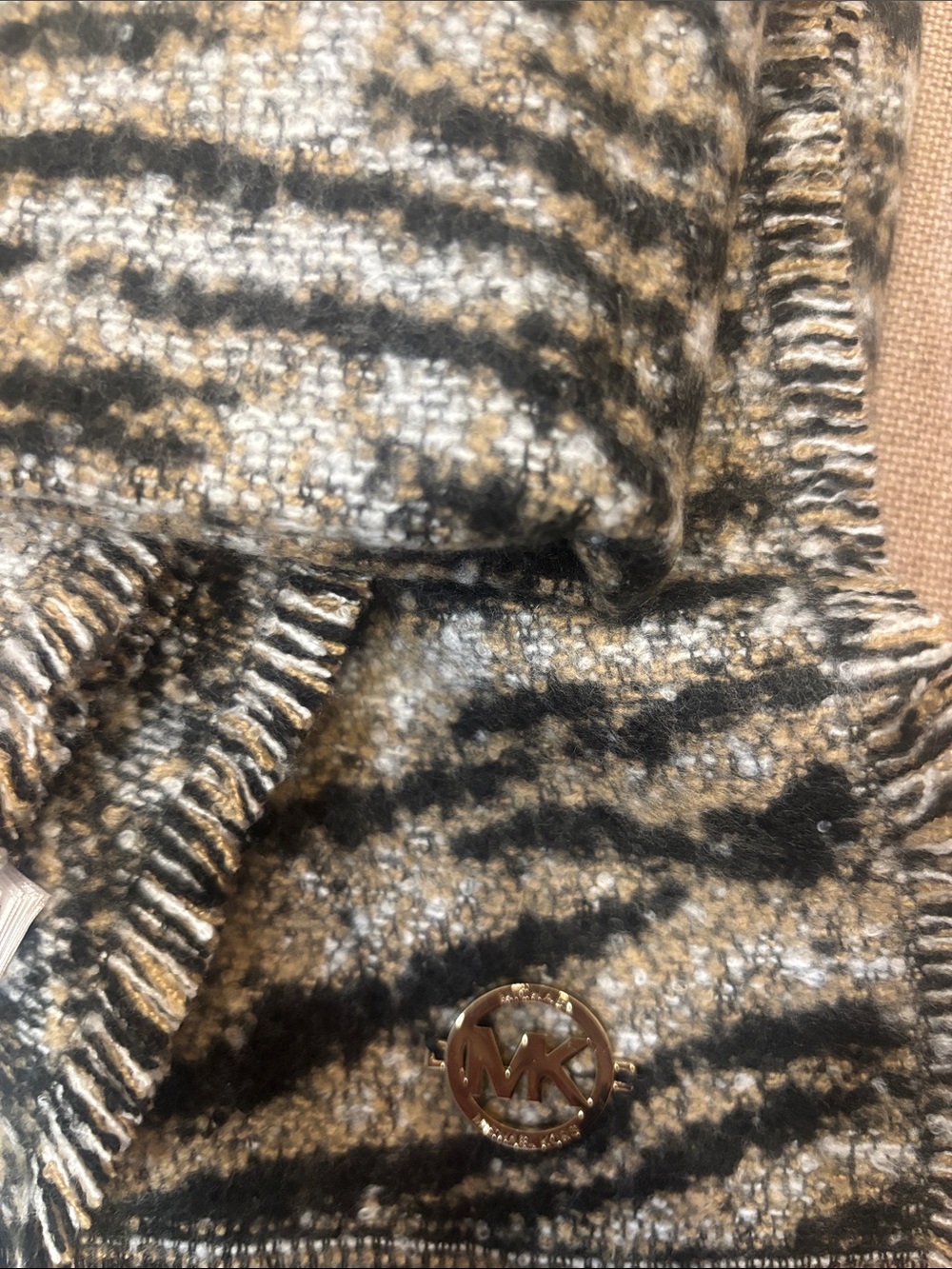 Michael Kors Black Brown Cream Animal Stripe Fringe Shawl - Picture 2 of 6